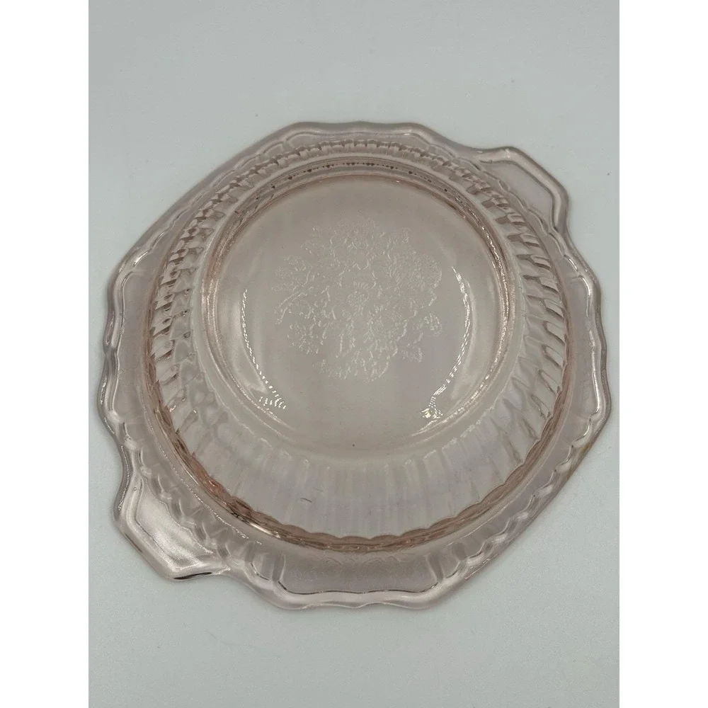 Pink Glass Floral Round Serving Bowl w/ Handles Scalloped Rim 8.5 in